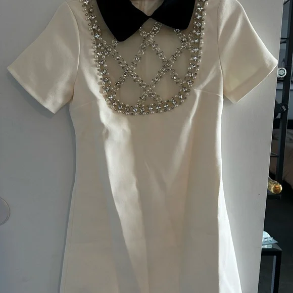 Cream Mini Dress with Black Peter Pan Collar for Wedding Guest - Picture 5 of 6